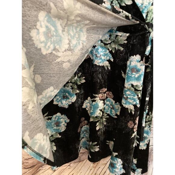 Monteau Dress Womens Large Turquoise Black Velvet Floral Faux Wrap Tie Stretch - Picture 14 of 14